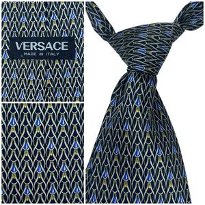 Versace Mens Necktie Tie Luxury Silk Navy + Gold Print Preppy Wedding Corpcore